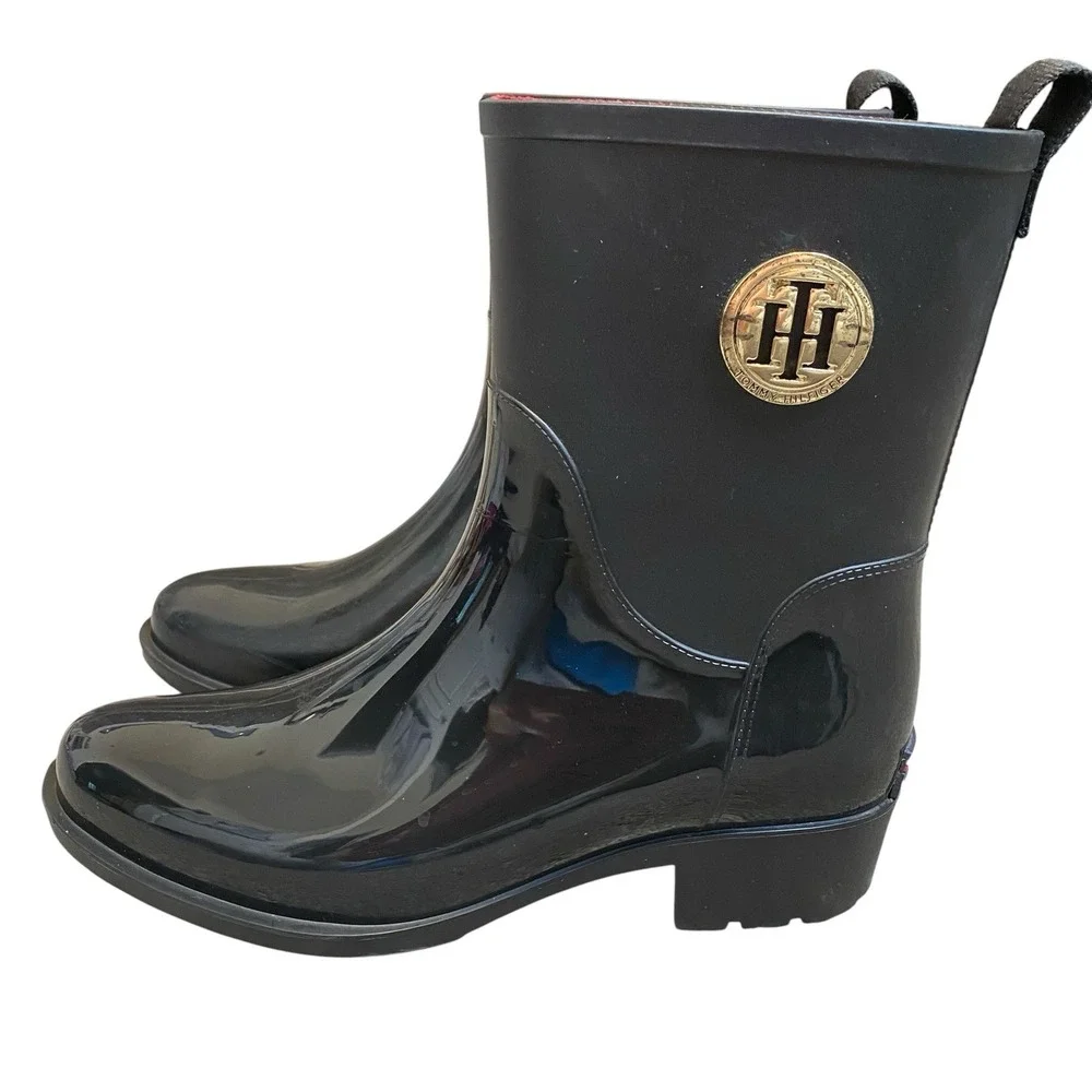 Black Glossy Rain Boots Women 7M Black Glossy Mid Calf Logo Tommy Hilfiger